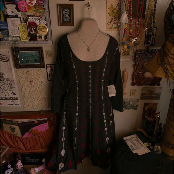 Harlequin Diamond Print Sweater Dress Women's XL Dark Gray Fit and Flare Midi - Picture 1 of 4